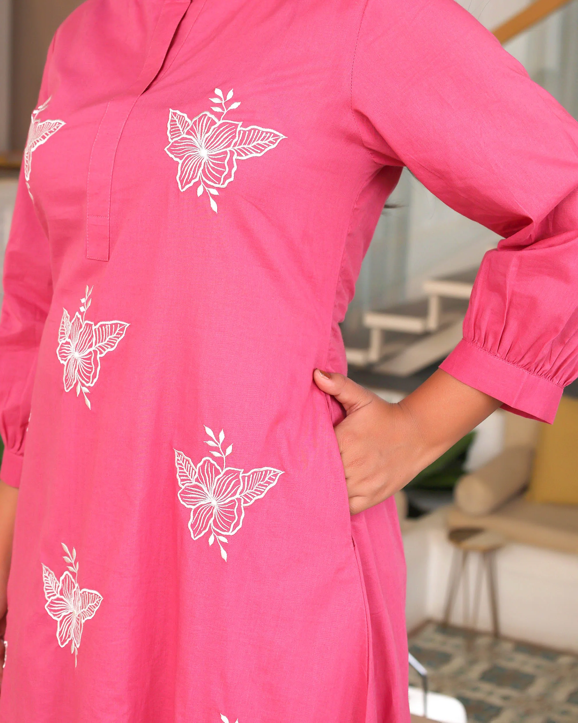 Pink Base With Delicate White Floral Embroidery - Image 5