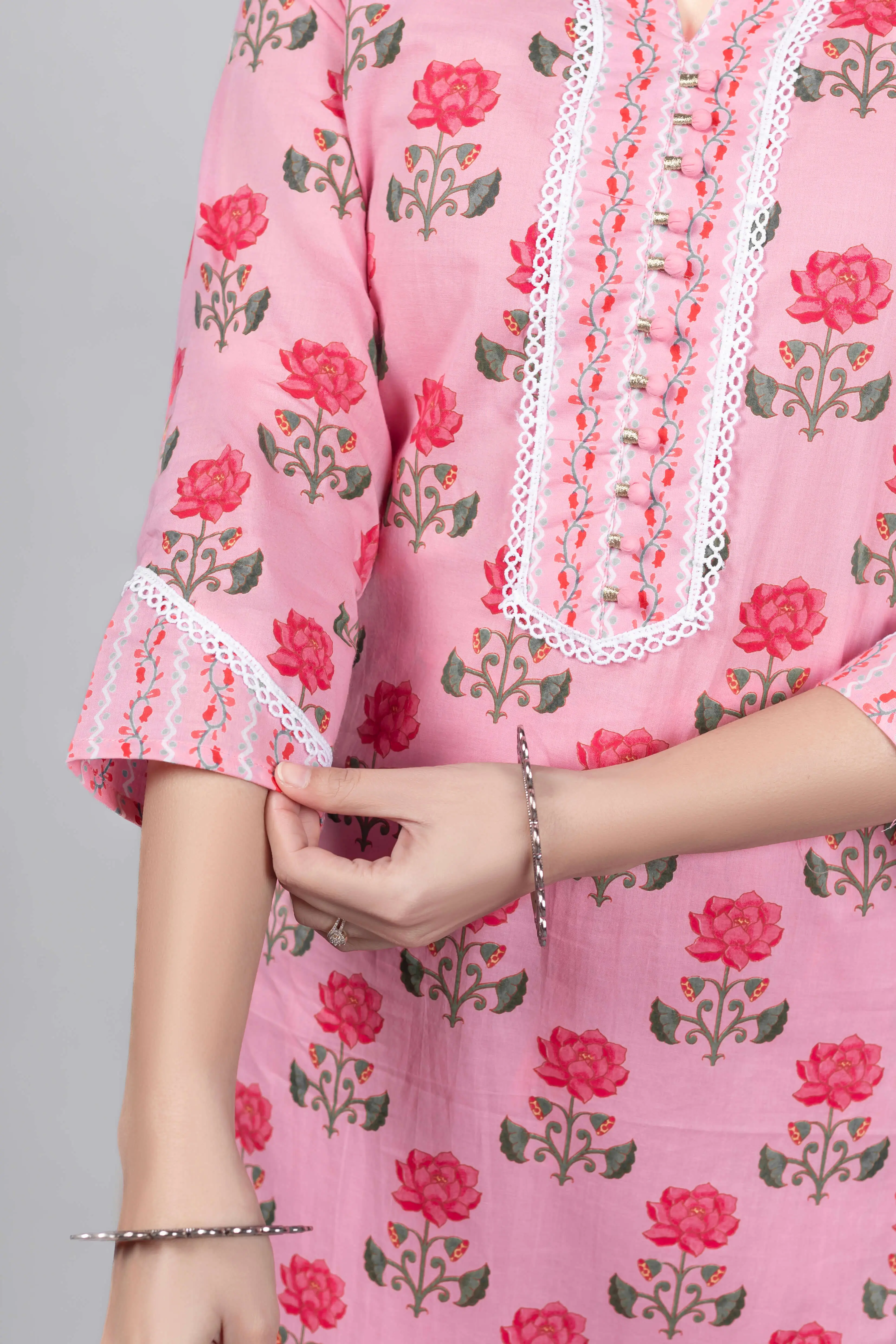 Pink Lotus Print Kurti Set - Image 3