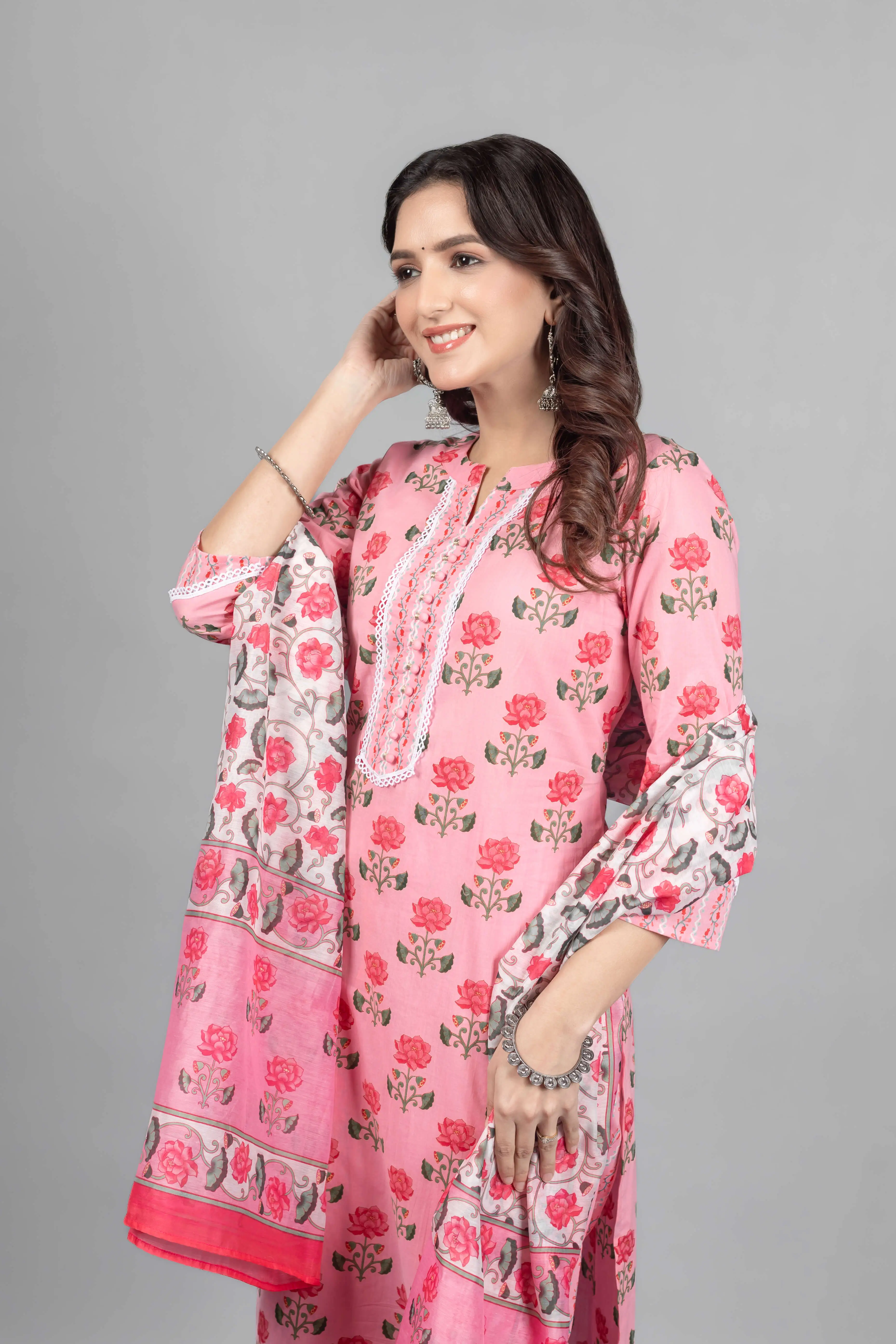 Pink Lotus Print Kurti Set - Image 4