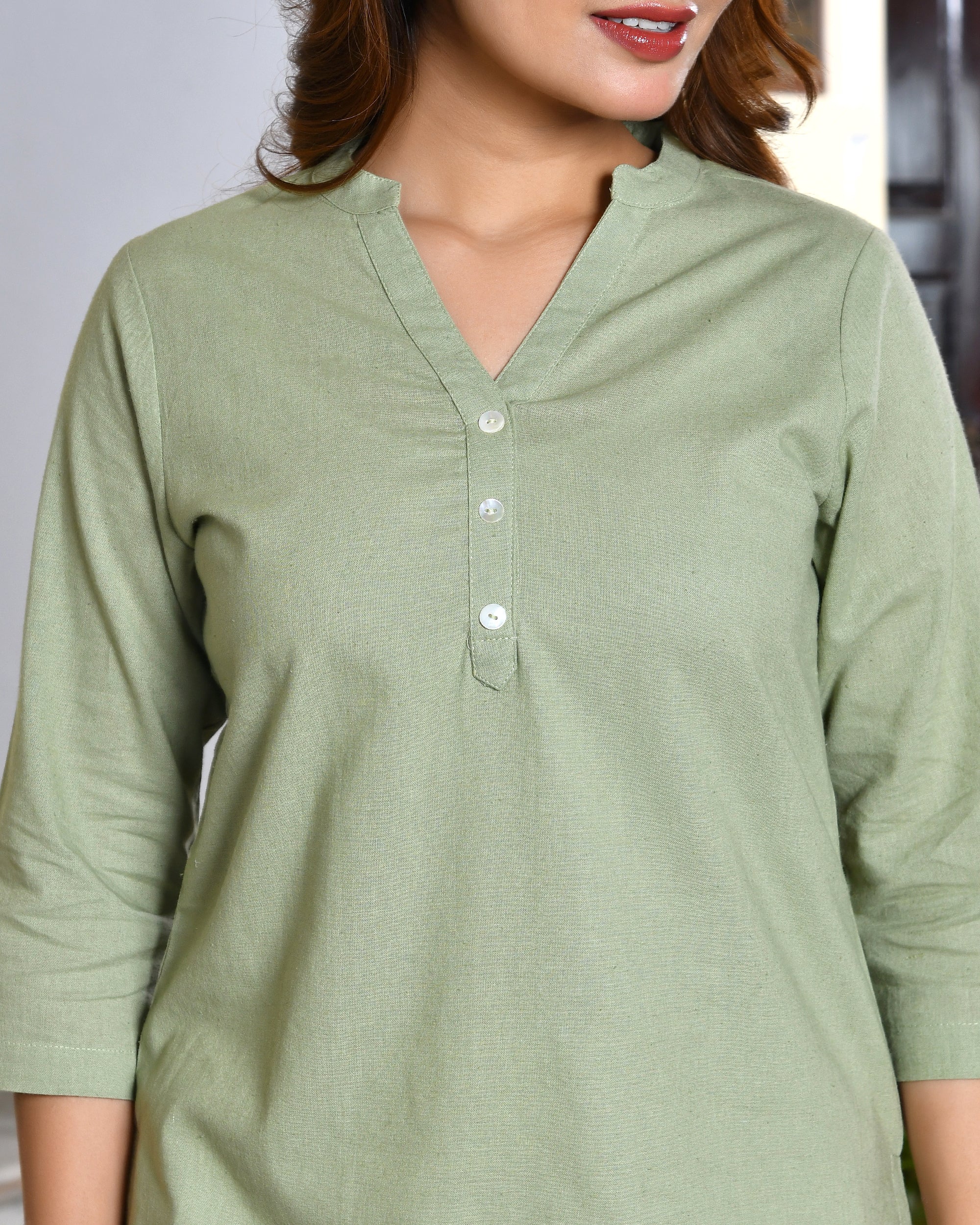 Sage green airy linen short kurti - Image 3
