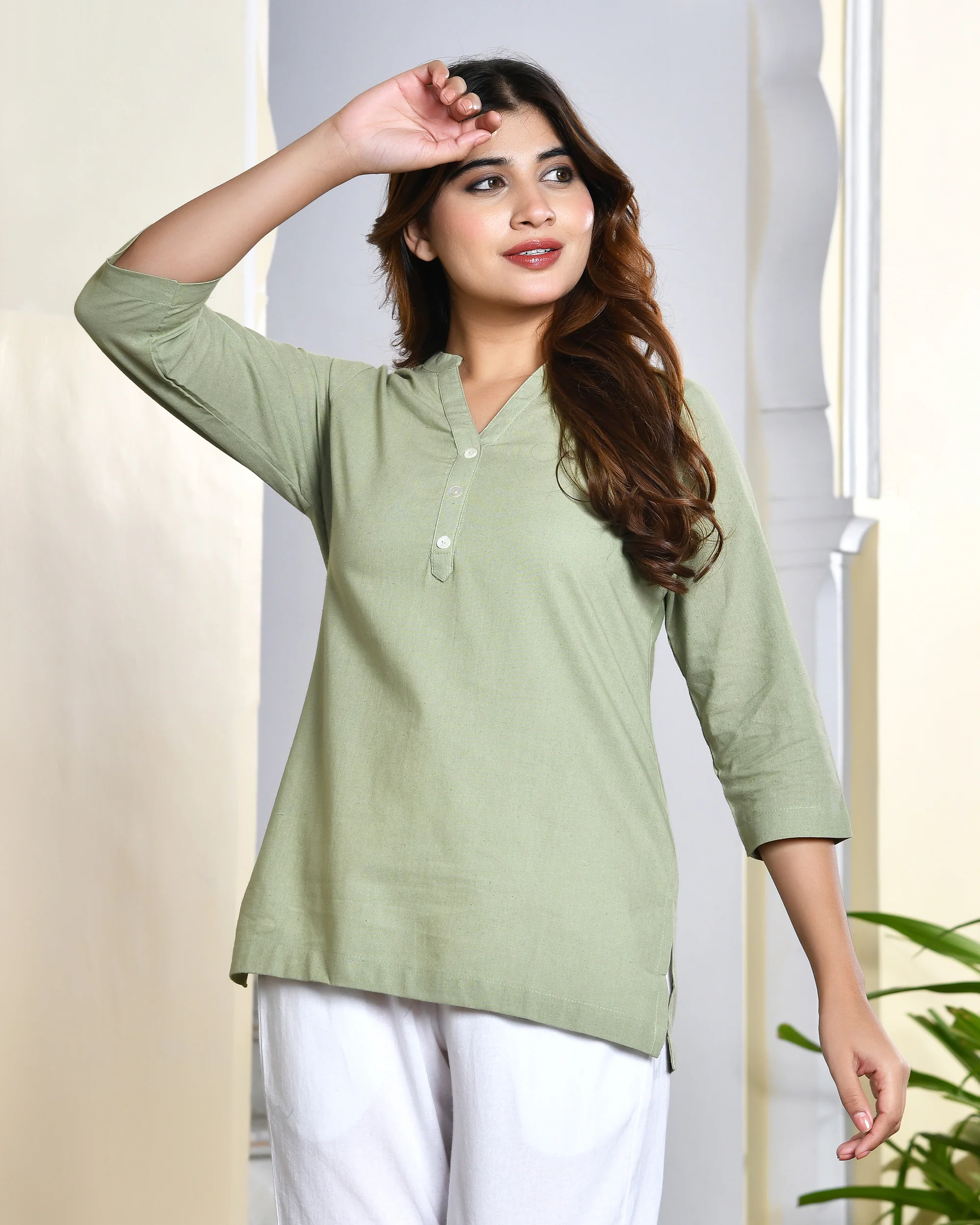 Sage green airy linen short kurti - Image 9
