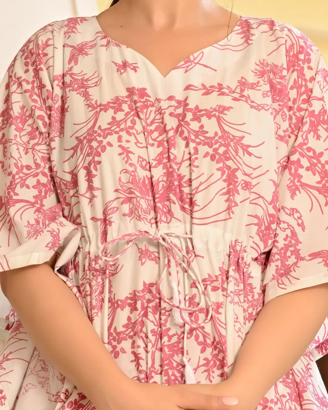White and Pink Floral Printed Kaftan Style Co- ords Set - Image 3