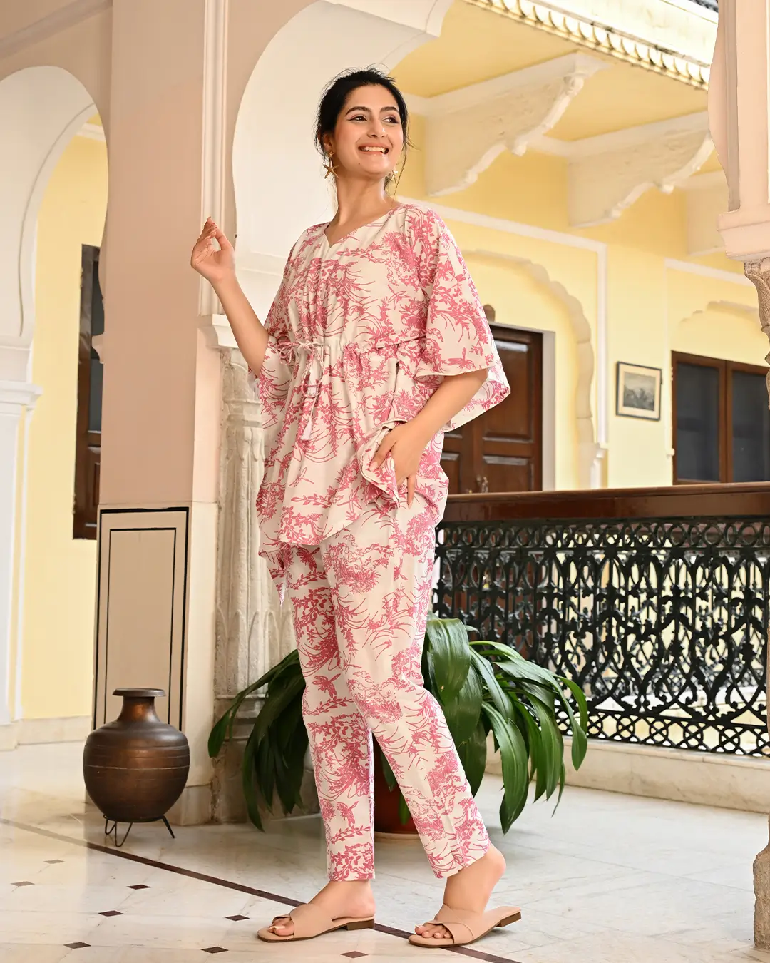 White and Pink Floral Printed Kaftan Style Co- ords Set - Image 7