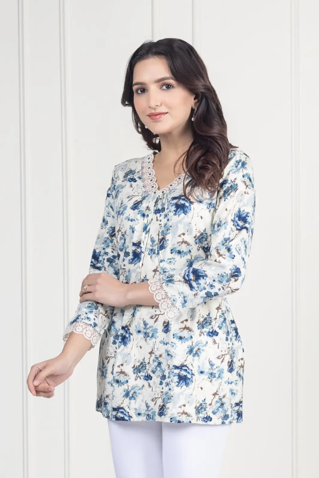 White Floral Short Kurti - Image 6